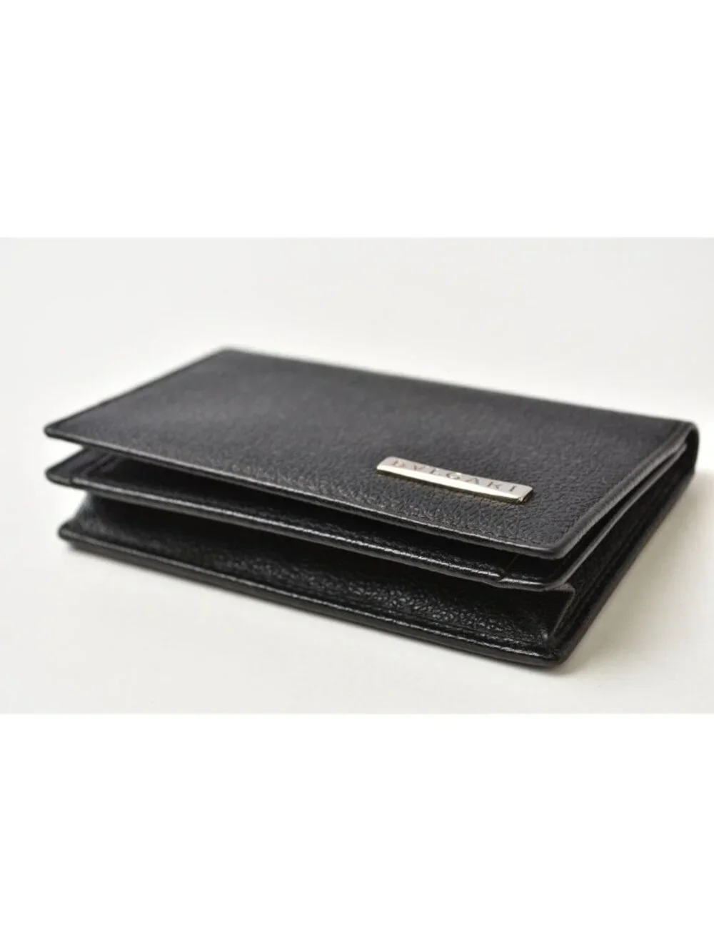 Bvlgari Card Case Business Logo Plate Leather Black Silver